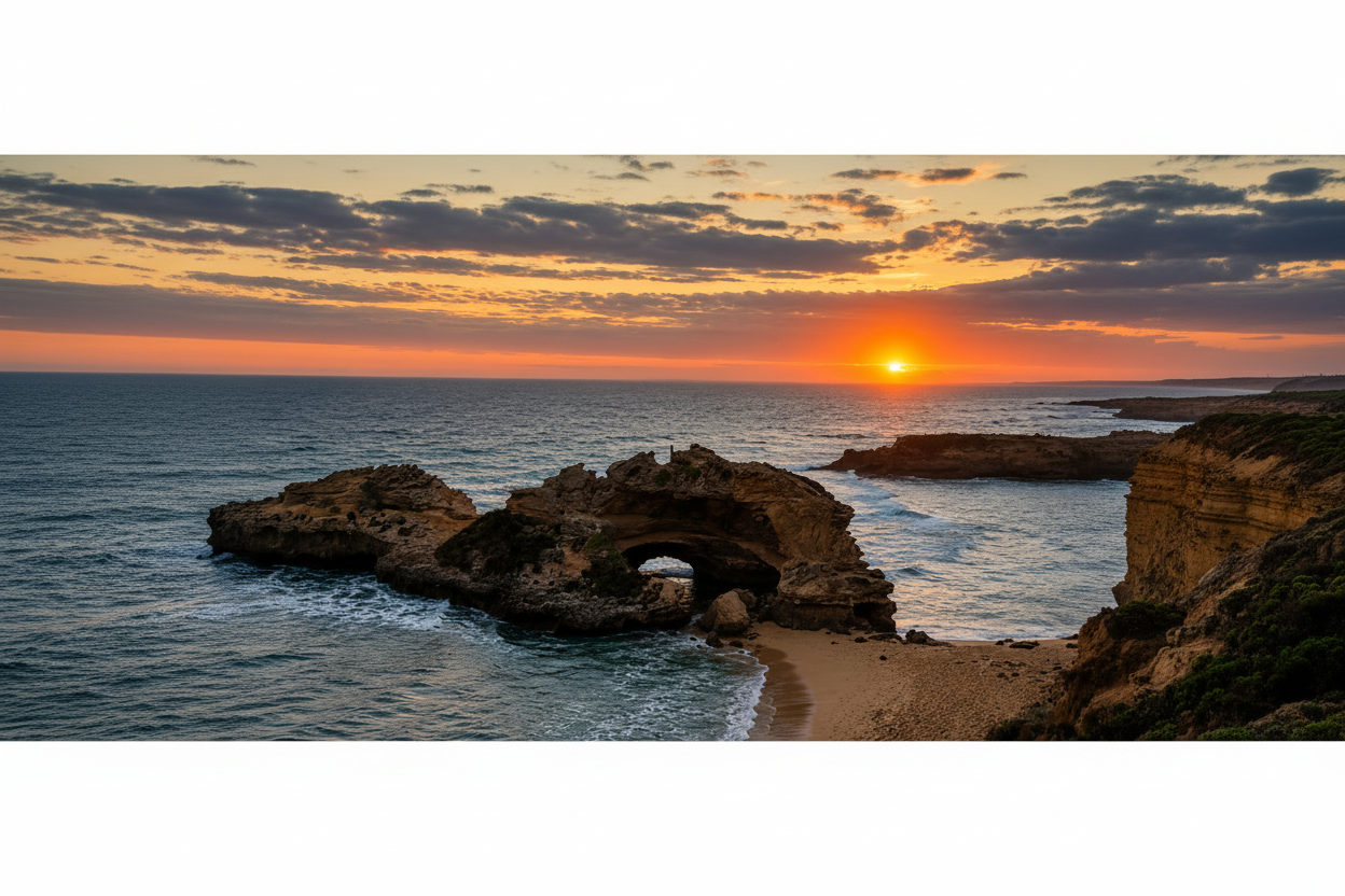 Sunset over the natural rock arch at London Bridge on Victoria's Mornington Peninsula.